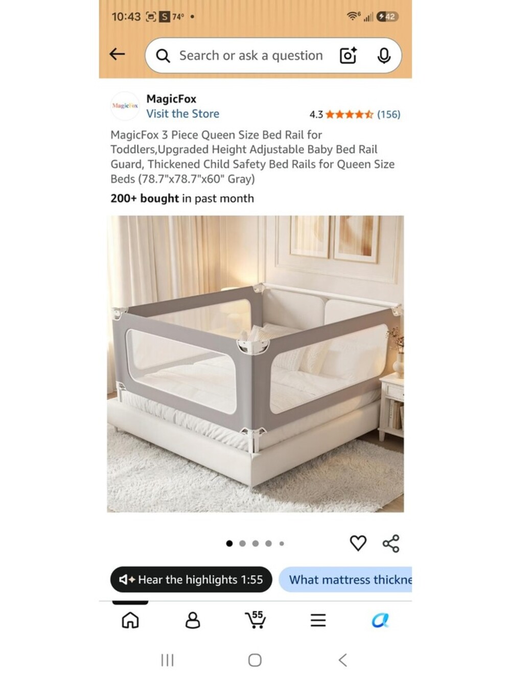 MagicFox 3 Piece Queen Size Bed Rail for Toddlers - Adjustable Height Baby Bed B